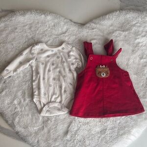 Carter's Red Corduroy Reindeer Pinafore with White Snowflake Bodysuit